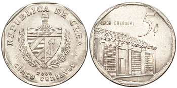 Куба 5 сентаво 2000 колониальный дом KM 575.2, Schoen 713, JMA MC19 сталь плакированная никелем 63-315