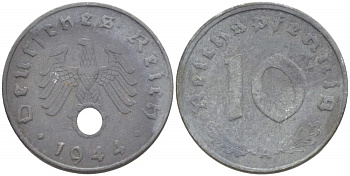 ГЕРМАНИЯ 10 РЕЙХСПФЕННИГОВ 1944 А KM 101, J. 371 цинк 4523-316