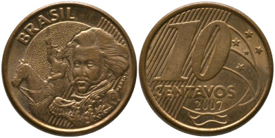 Бразилия 10 сентаво 2007 KM 649, Schon 157 сталь плакированная бронзой 4523-855