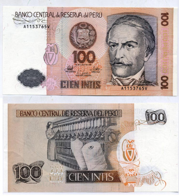 Перу 100 инти 1987 Рамон Кастилья, прядильная машина Pick 133 бумага UNC (пресс) 445-68-1