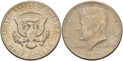 США 1/2 доллара (50 центов) 1971 D, Джон Кеннеди KM 202b медь плакированная медно-никелем 4111-834