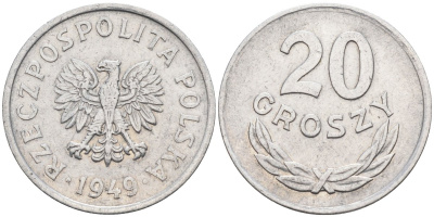 Польша 20 грошей 1949 KM 43а, Parchimowicz 207b алюминий 4594-327