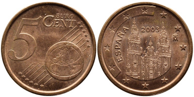 ИСПАНИЯ 5 ЕВРОЦЕНТОВ 2003 KM 1042 сталь плакированная медью 4391-145