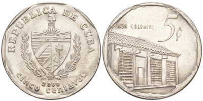 Куба 5 сентаво 2000 колониальный дом KM 575.2, Schoen 713, JMA MC19 сталь плакированная никелем 63-315
