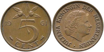 НИДЕРЛАНДЫ 5 ЦЕНТОВ 1961 ЮЛИАНА KM 181 бронза 65-1217