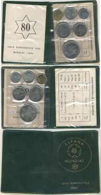 Испания официальный набор из 6 монет (50 сентимов; 1, 5, 25, 50 и 100 песет) 1980 (80) чемпионат мира по футболу в Испании 1982 года KM MS11 (815, 816, 817, 818, 819 и 820) UNC 8-2-06-28