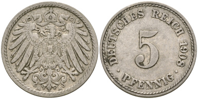 Германия 5 пфеннигов 1908 A KM 11, Jager 12, Weege 6 медно-никель 4364-3656