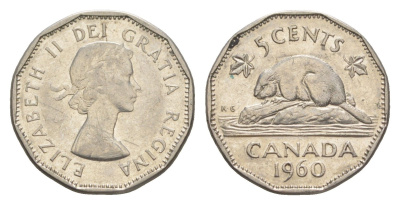 Канада 5 центов 1960 бобр, Елизавета II (1952-2022) KM 50a никель 4158-641