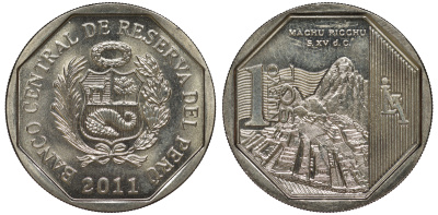 Перу 1 новый соль 2011 Мачу-Пикчу KM 346 медно-никель UNC 4605-245