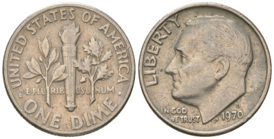 США 10 центов (дайм) 1970 D, президент Рузвельт KM 195a медь плкированный медно-никелем 4549-958