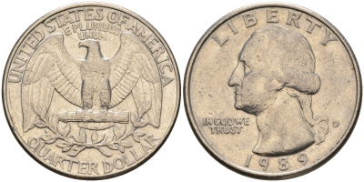 США 25 центов = квотер 1989 Вашингтон, D KM А164а медь плакированная медно-никелем    08-522