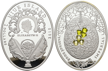 Ниуэ 2 доллара 2010 яйца Фаберже, лист клевера, тираж 7000 экз., размер 41,6 Х 55,6 мм., вес 56,56 гр.., сертификат KM 424 серебро PROOF 1072-4-21