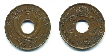 ВОСТОЧНАЯ АФРИКА 5 ЦЕНТОВ 1941 KM 25.1 бронза 04-446