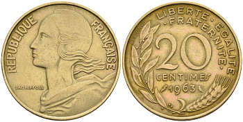 Франция 20 сантимов 1963 тип Марианна KM 930 медь алюминий никель 4116-513