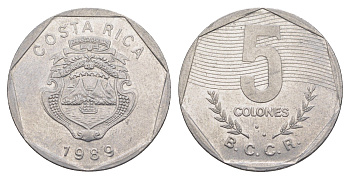 Коста-Рика 5 колонов 1989 KM 214.1 нержавеющая сталь 4635-1247