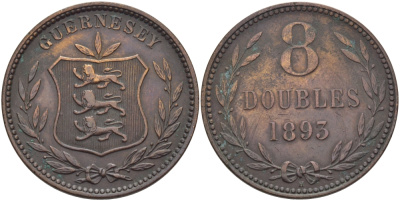 Гернси 8 даблов (дублей) 1893 Н KM 7 бронза 32-111