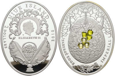 Ниуэ 2 доллара 2010 яйца Фаберже, лист клевера, тираж 7000 экз., размер 41,6 Х 55,6 мм., вес 56,56 гр.., сертификат KM 424 серебро PROOF 1072-4-21