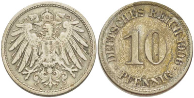 Германия 10 пфеннигов 1906 A KM 12, J. 13, Weege 8 медно-никель 259-913