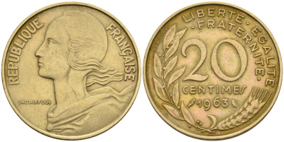 Франция 20 сантимов 1963 тип Марианна KM 930 медь алюминий никель 4116-513