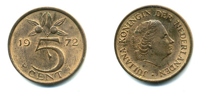 Нидерланды 5 центов 1972 Юлиана (1948-1980) KM 181 бронза 76-443