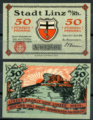 Германия, Линц-на-Рейне 50 пфеннигов 1919 нотгельд, 1.10.1923 Tieste 4140/60 бумага UNC (пресс) 8614-42-4-1