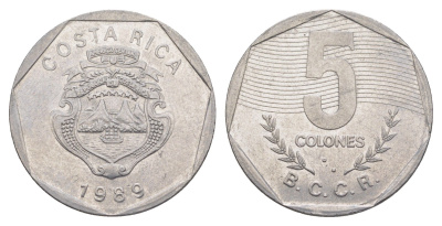 Коста-Рика 5 колонов 1989 KM 214.1 нержавеющая сталь 4635-1247