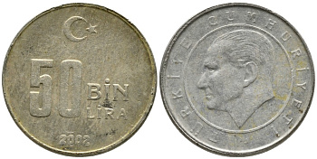 Турция 50000 лир 2002 Мустафа Кемаль Ататюрк KM 1105 медь никель цинк 4541-513