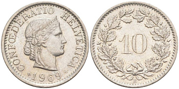 ШВЕЙЦАРИЯ 10 РАППЕНОВ 1969 В KM 27 медно-никель 55-414
