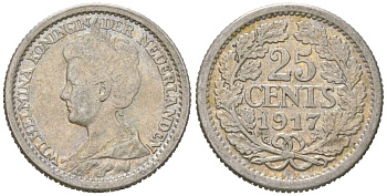 Нидерланды 25 центов 1917 Вильгельмина (1890-1948) KM 146 серебро 4611-226