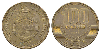 Коста-Рика 100 колонов 2007 KM 240a сталь плакированная латунью 4631-1055