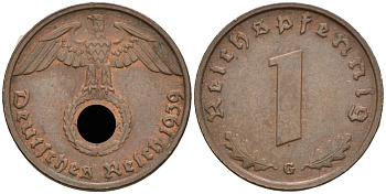 Германия 1 рейхспфенниг 1939 G KM 89, J 361 бронза 4136-1241