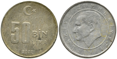 Турция 50000 лир 2002 Мустафа Кемаль Ататюрк KM 1105 медь никель цинк 4541-513
