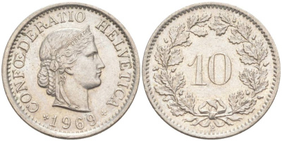 ШВЕЙЦАРИЯ 10 РАППЕНОВ 1969 В KM 27 медно-никель 55-414