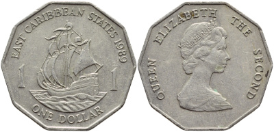 Восточно-Карибские штаты 1 доллар 1989 Елизавета II (1952-2022), парусник, первый год KM 20 медно-никель 4175-144