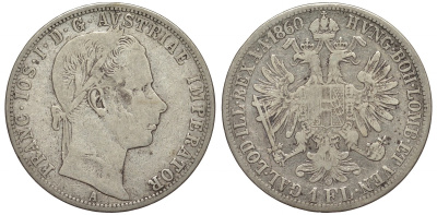 Австрия 1 флорин 1860 A, Франц Иосиф I (1848-1916) KM 2219 серебро 1524-1333