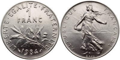 ФРАНЦИЯ 1 ФРАНК 1984 СЕЯТЕЛЬ, тираж 50347 экземпляров KM 925.1 никель UNC 1526-1333