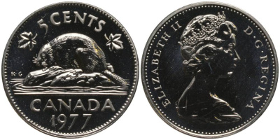 Канада 5 центов 1977 Елизавета II (1952-2022), бобр KM 60.1 никель PROOFLIKE 181-312
