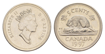 Канада 5 центов 1997 Елизавета II (1952-2022), бобр KM 182 медно-никель UNC 4636-623