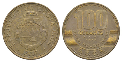 Коста-Рика 100 колонов 2007 KM 240a сталь плакированная латунью 4631-1055