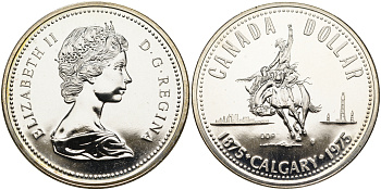 Канада 1 доллар 1975 100 лет Калгари (1875-1975), родео на лошадях, ковбой KM 97 серебро PROOF 5-6-1-28