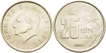 Турция 25000 лир 1998 Мустафа Кемаль Ататюрк KM 1041 медь никель цинк 202-336
