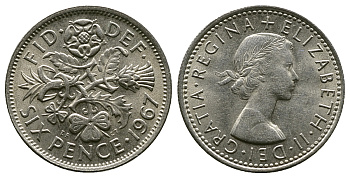 Великобритания 6 пенсов 1967 Елизавета II (1952-2022) KM 903, Spink 4149 медно-никель 4381-858