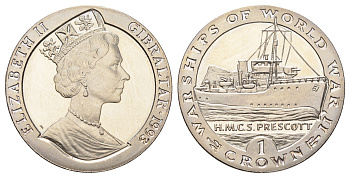 Гибралтар 1 крона 1993 Боевые корабли Второй мировой войны - H.M.C.S. Prescott KM 120 медно-никель BU 11-181-45