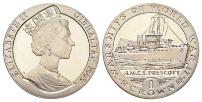 Гибралтар 1 крона 1993 Боевые корабли Второй мировой войны - H.M.C.S. Prescott KM 120 медно-никель BU 1078-2-31