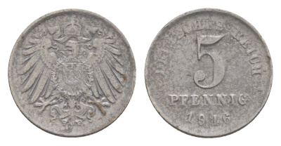 Германия 5 пфеннигов 1916 D, Вильгельм II (1888-1918) KM 19, J. 297, Weege 5 железо плакированное цинком 4640-156