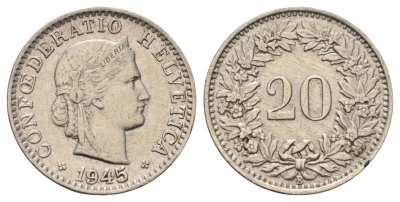 Швейцария 20 раппенов 1945 KM 29a медно-никель 4682-923