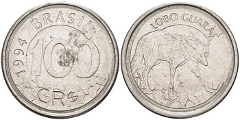 БРАЗИЛИЯ 100 КРУЗЕЙРО РЕАЛ 1994 РЕФОРМА 1993-1994, ВОЛК KM 630 нержавеющая сталь 4388-1141