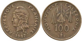 Французская Новая Каледония 100 франков 1987 хижина среди сосен и пальм, (IEOM) KM 15, Schoen 16, Lec 135 никель бронза 88-511
