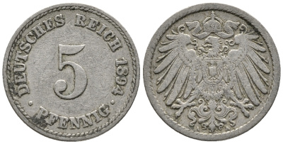 ГЕРМАНИЯ 5 ПФЕННИГОВ 1894 A KM 11, J. 12 медно-никель 39-663