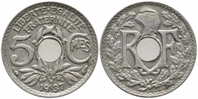 ФРАНЦИЯ 5 САНТИМОВ 1937 ТИП ЛИНДАЙЁ KM 875 медно-никель 72-1144